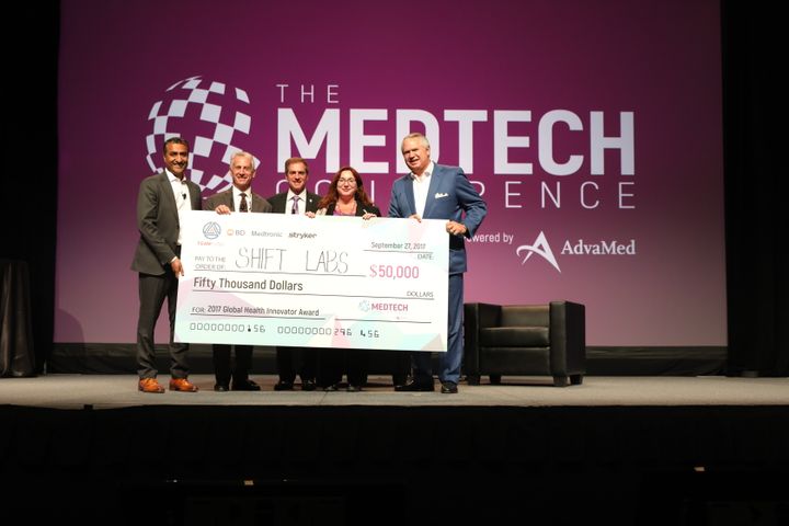 Shift Labs receiving the $50,000 2017 Global Health Innovator Award on stage at The MedTech Conference
