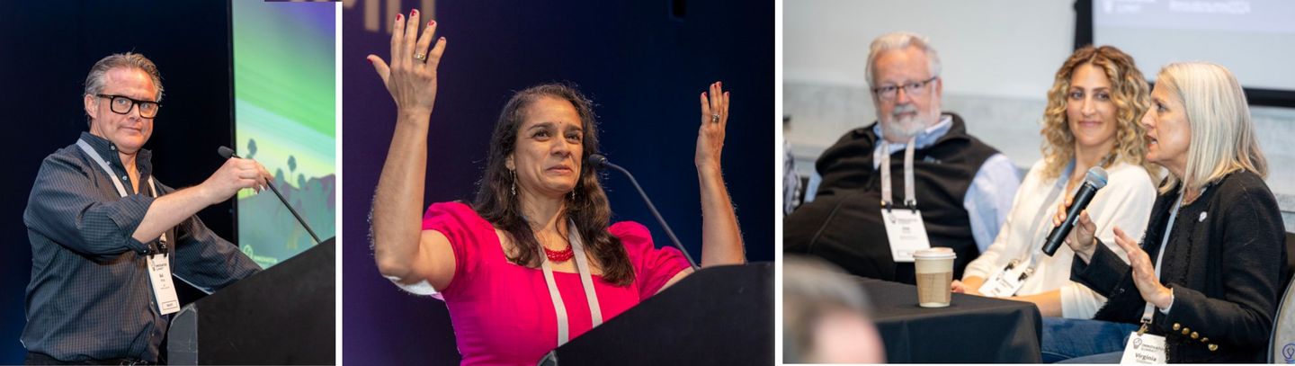 Three speakers on stage at Innovator Summit 2024: a man at a lectern, a woman with both hands raised, and a panel in conversation