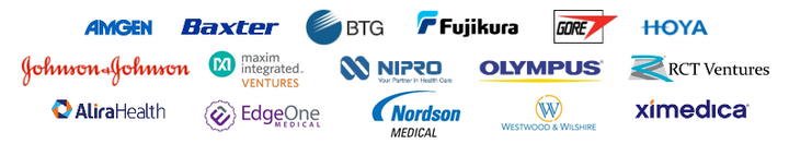 MedTech Innovator 2019 sponsor logos including Amgen, Baxter, Johnson & Johnson, Olympus and Gore