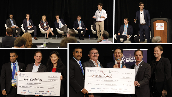 Collage of 2019 finale panels and award checks for Avisi Technologies and Starling Surgical