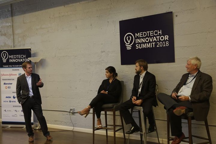 Moderator and three panelists at MedTech Innovator Summit 2018