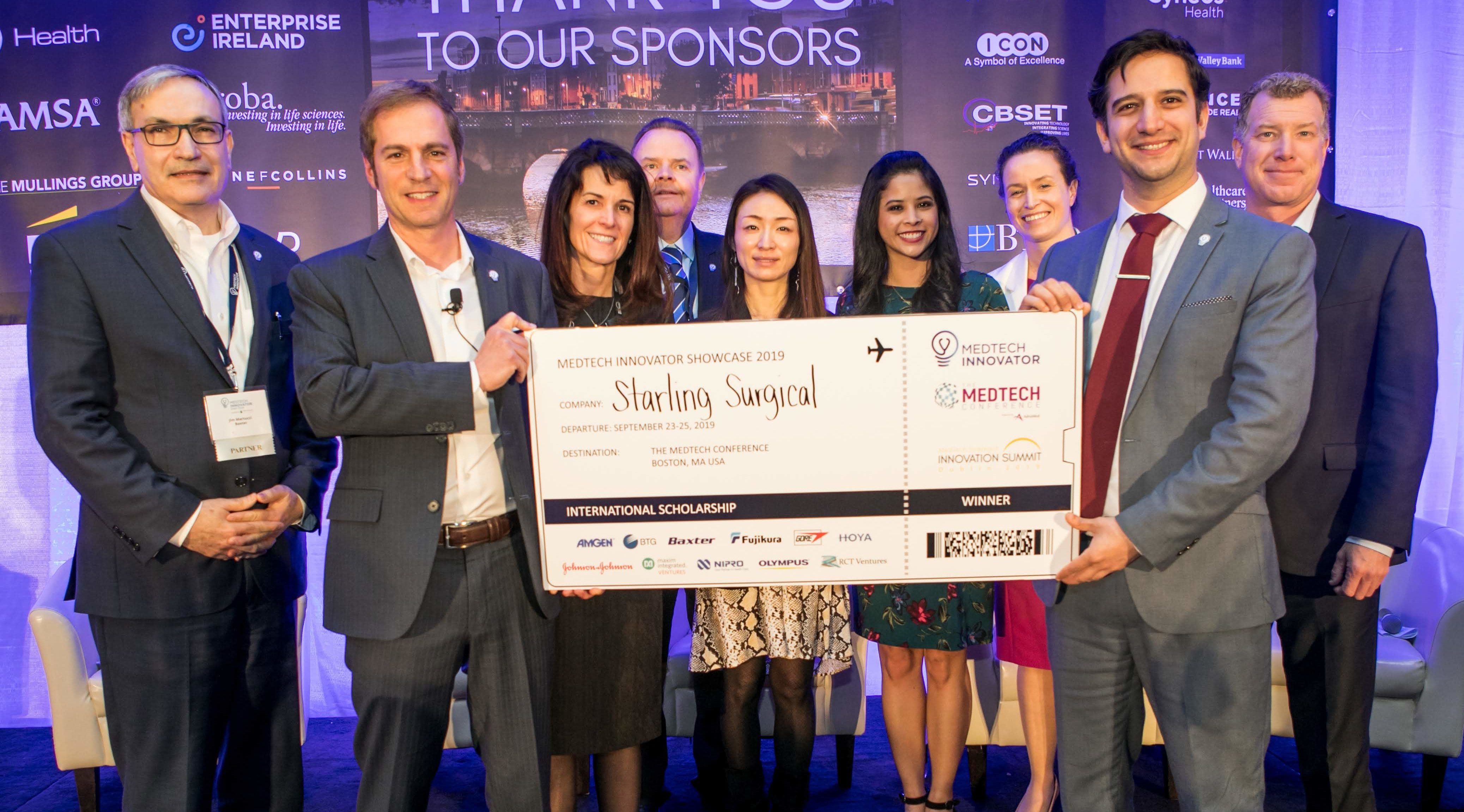 Starling Surgical team holding the MedTech Innovator Showcase 2019 international scholarship winner ticket in Dublin