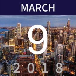 Chicago skyline at night with date March 9, 2018