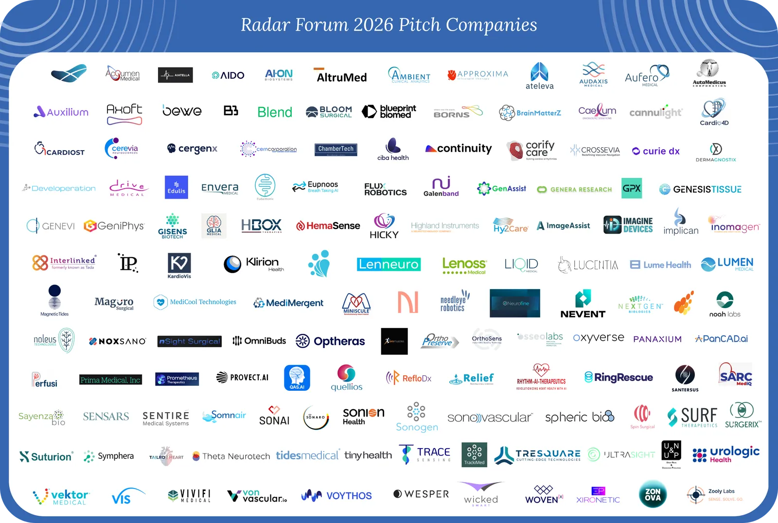 Radar Forum 2026 Pitch Companies — a wall of the logos of the 140+ companies selected to pitch