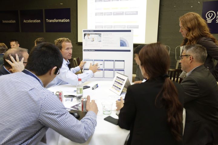 Summit attendees working through a company values exercise at a round table