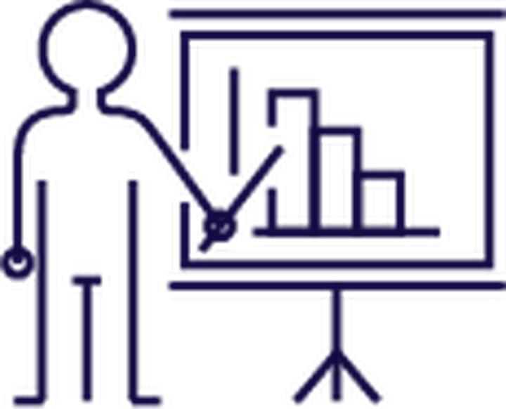 Line icon of a presenter pointing at a bar chart