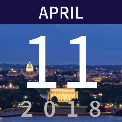 April 11, 2018 date graphic over the Washington, D.C. skyline at dusk