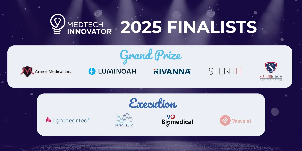 MedTech Innovator 2025 Finalists. Grand Prize: Armor Medical, Luminoah, Rivanna, STENTiT and SutureTech. Execution: LightHearted AI, Sinaptica Therapeutics, VQ Biomedical and Wavelet.