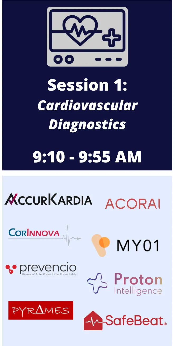 Session 1: Cardiovascular Diagnostics, 9:10 – 9:55 AM. Companies: AccurKardia, Acorai, CorInnova, MY01, Prevencio, Proton Intelligence, Pyrames and SafeBeat.