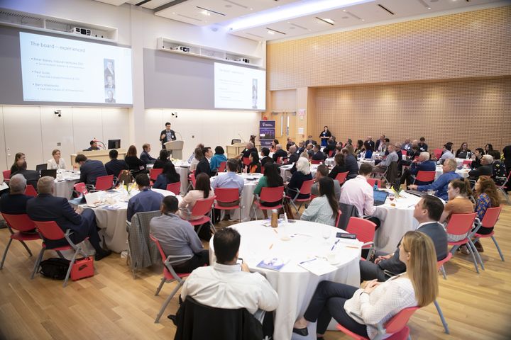 Presenter pitching to a full room at the 2019 NCC-PDI pediatric pitch event