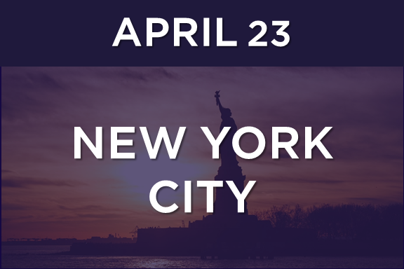 April 23 New York City pitch event banner with the Statue of Liberty silhouette