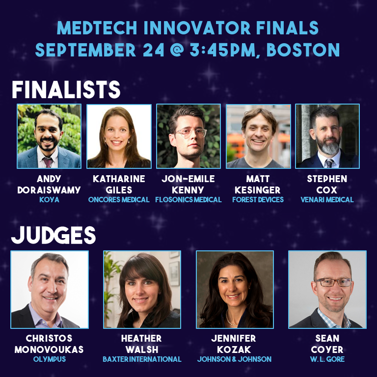 MedTech Innovator Finals, September 24 in Boston: headshots of the five finalists and four judges
