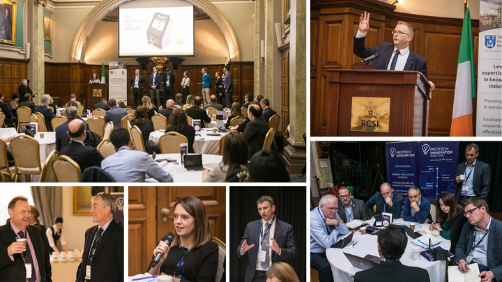 Photo collage of the MedTech Innovator 2019 Dublin pitch event at RCSI
