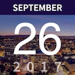 September 26, 2017 event date tile over a city skyline at night