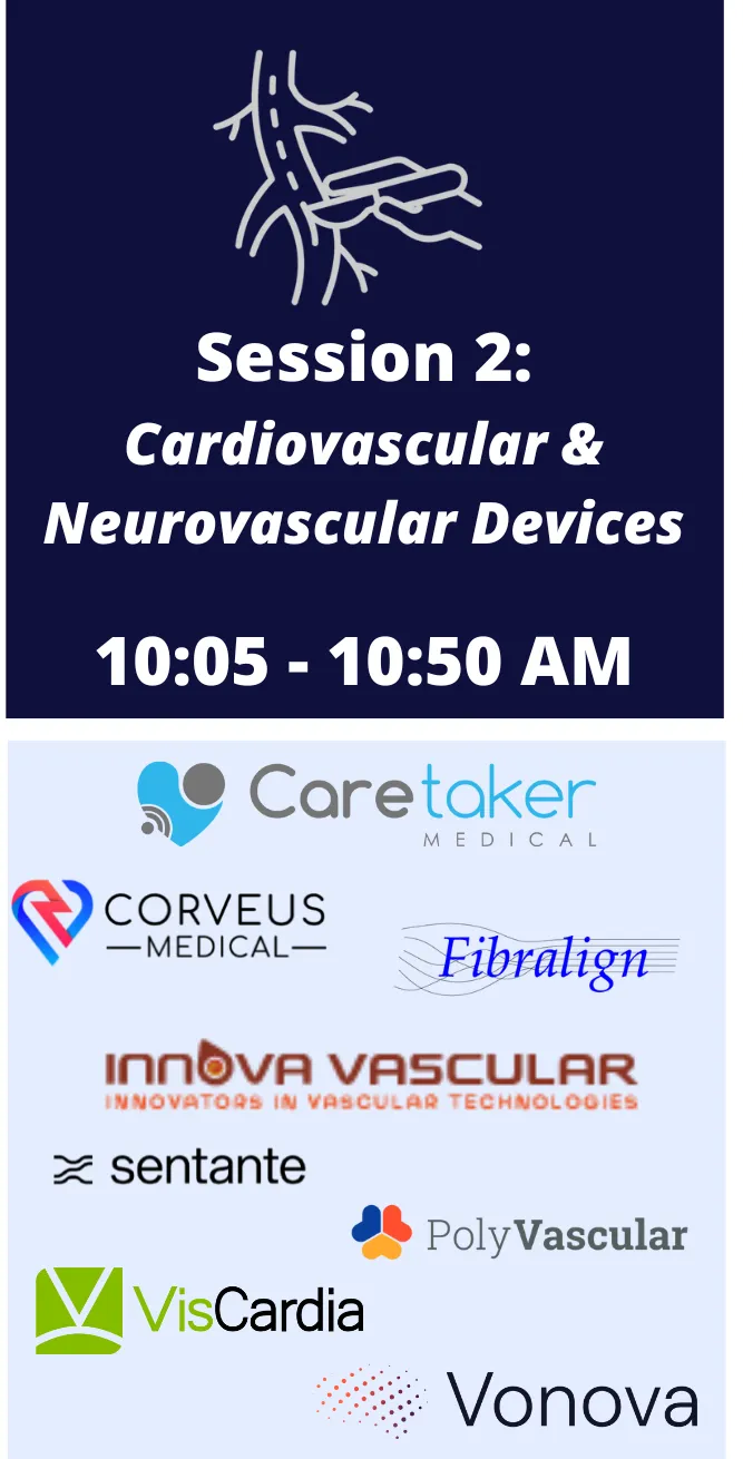 Session 2: Cardiovascular & Neurovascular Devices, 10:05 – 10:50 AM. Companies: Caretaker Medical, Corveus Medical, Fibralign, Innova Vascular, Sentante, PolyVascular, VisCardia and Vonova.