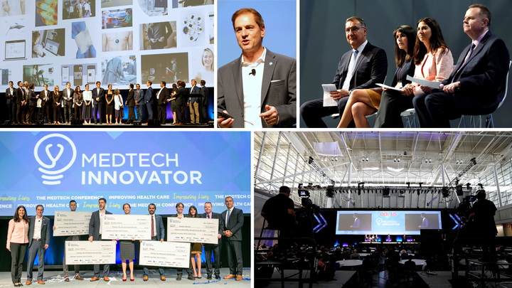 Collage of MedTech Innovator 2019 finale photos: finalists, speakers, judges and the event hall