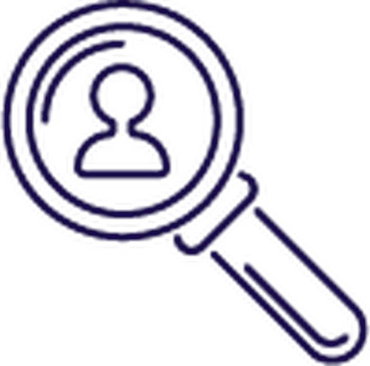 Purple magnifying glass icon with a person silhouette