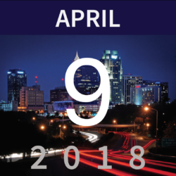 April 9, 2018 date graphic over the Raleigh-Durham skyline at night