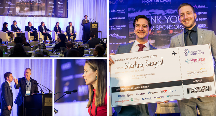 Collage of the MedTech Innovator Dublin 2019 pitch event, with Starling Surgical holding a winner ticket