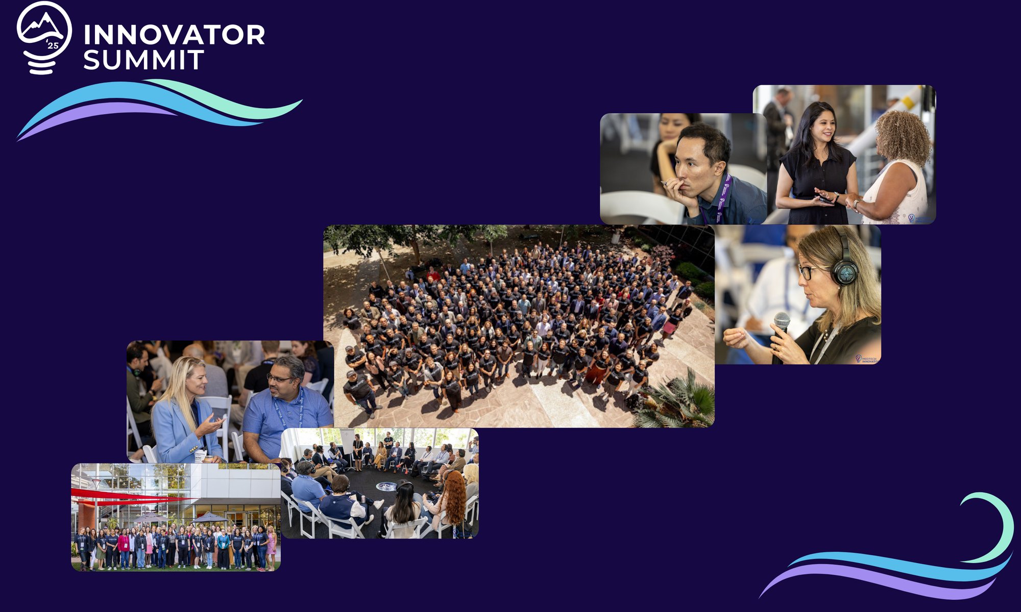Photo collage of attendees, sessions, and the group photo from the Innovator Summit, with the Innovator Summit '25 logo