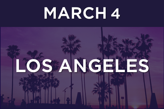 Los Angeles palm trees at sunset with banner text March 4, Los Angeles