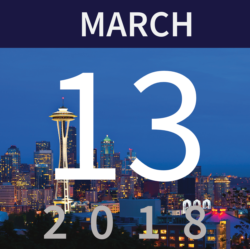 March 13, 2018 event date tile over the Seattle skyline