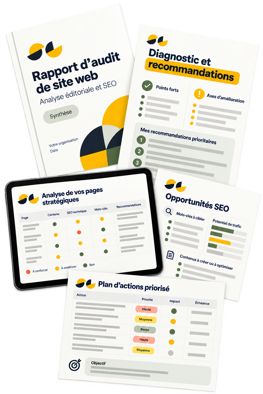 Livrables d’un audit de site web avec rapport, recommandations prioritaires, analyse des pages et plan d’actions