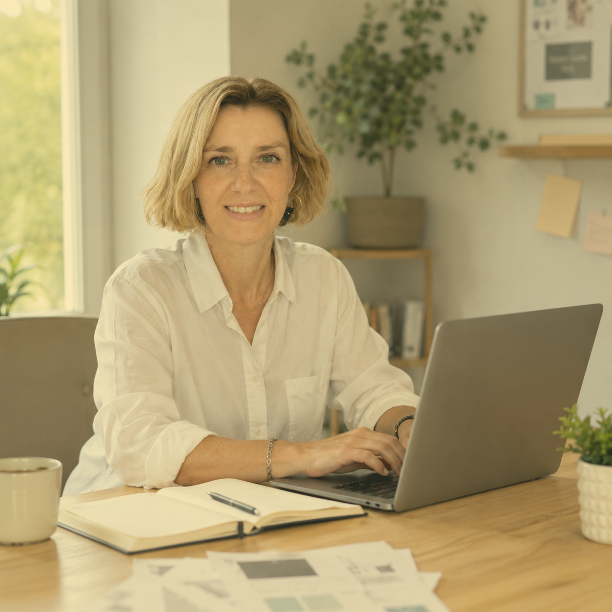 Stéphanie Gorostégui, consultante en stratégie digitale et content manager freelance, à son bureau devant son ordinateur.