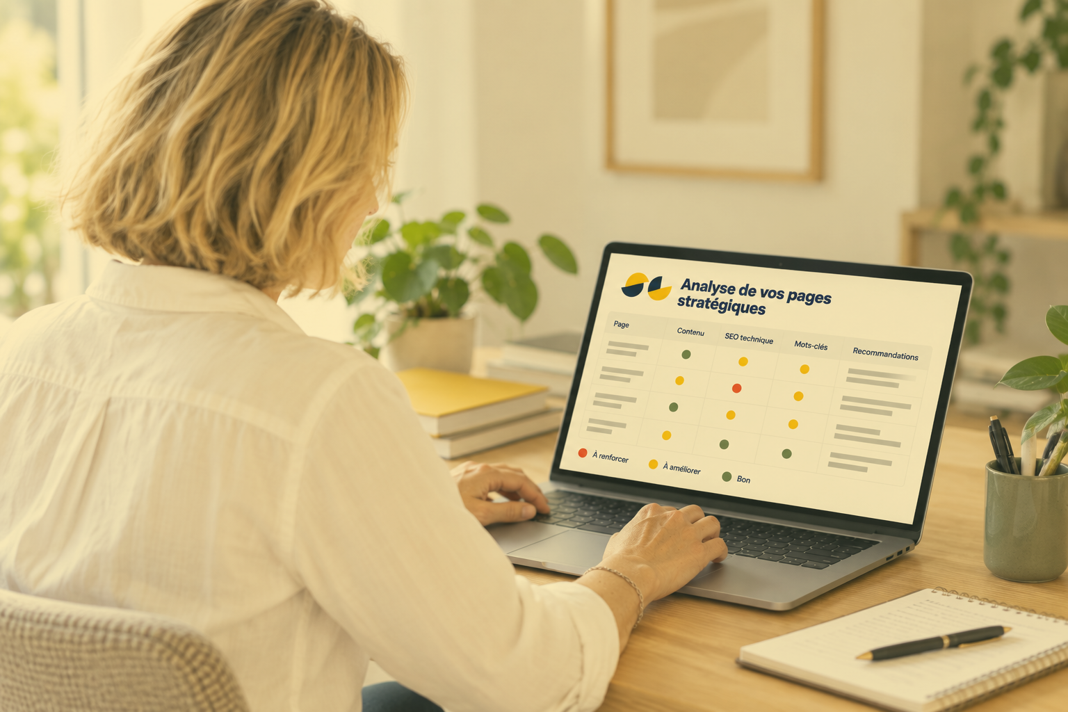 Consultante analysant les pages stratégiques d’un site web dans le cadre d’un audit