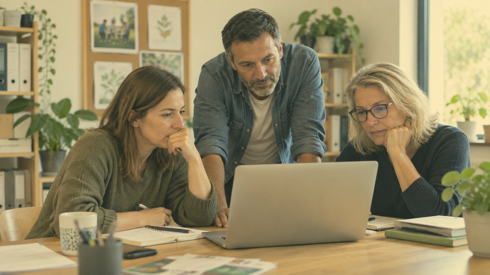 Trois bénévoles devant un ordinateur qui ne comprennent pas pourquoi leur site est très peu visité