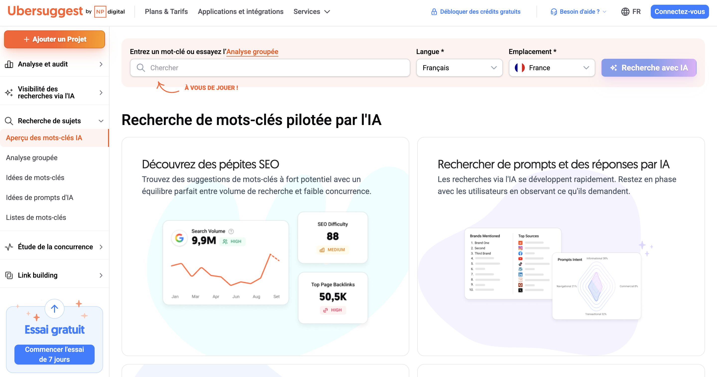 Interface Ubersuggest pour rechercher des mots-clés et analyser leur potentiel SEO