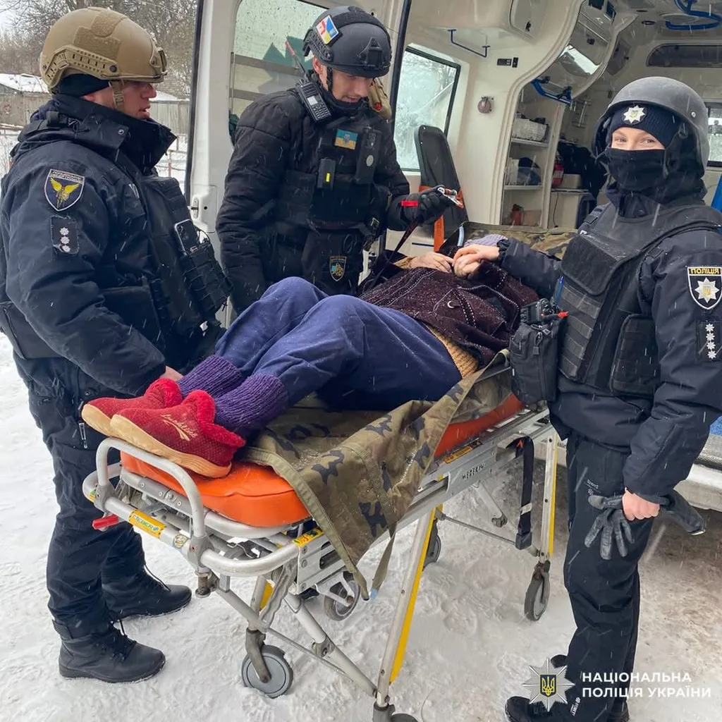 Betjente i Ukraine kører en ældre person på båre ind i en ambulance i tæt snevejr.