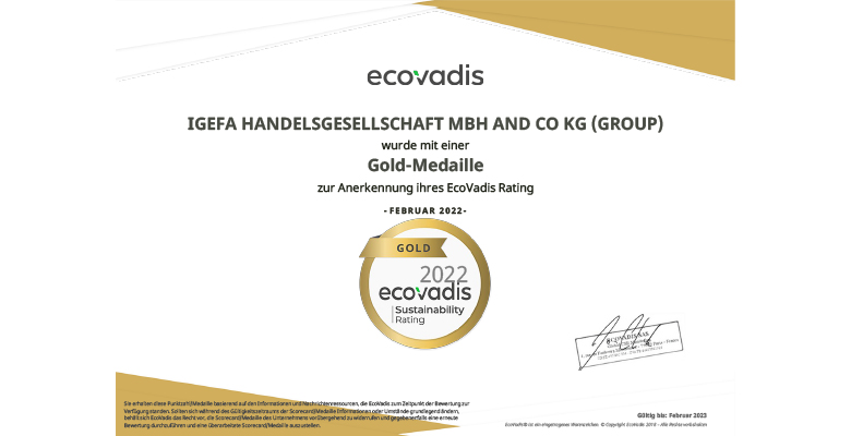 EcoVadis-Urkunde Gold-Medaille für igefa, Februar 2022
