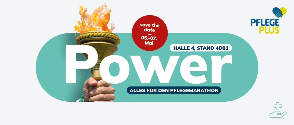Hand mit brennender Fackel, Schriftzug Power, Pflege Plus