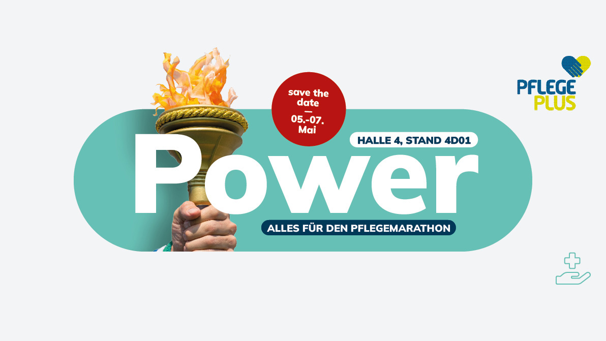 Hand mit brennender Fackel, Schriftzug Power, Pflege Plus
