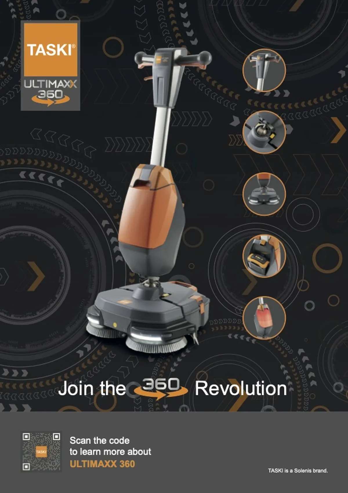 Anzeige TASKI Ultimaxx 360 Scheuermaschine, Schriftzug Join the 360 Revolution