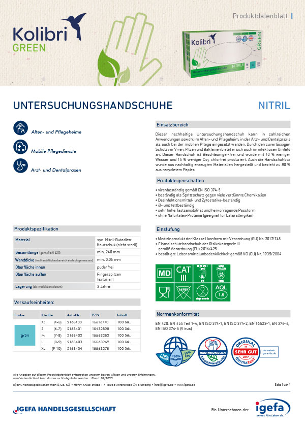 Produktdatenblatt Kolibri GREEN Untersuchungshandschuhe Nitril
