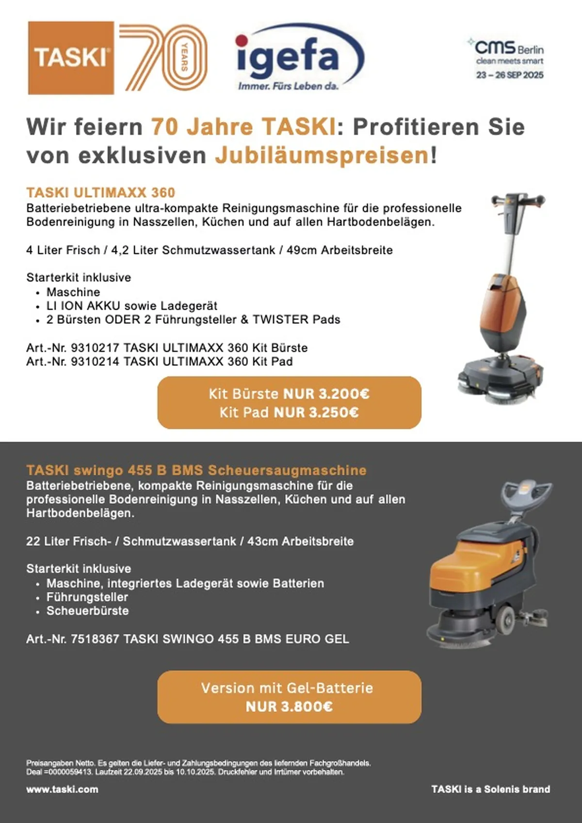Anzeige TASKI 70 Jahre mit Scheuersaugmaschinen und Jubiläumspreisen