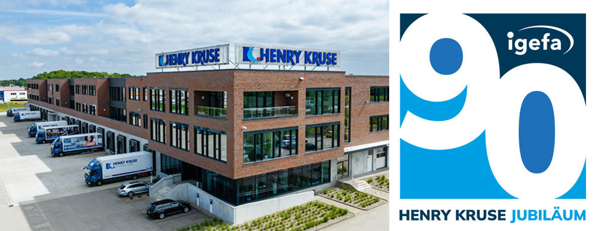 Firmengebäude Henry Kruse mit Lkw und Jubiläumslogo 90