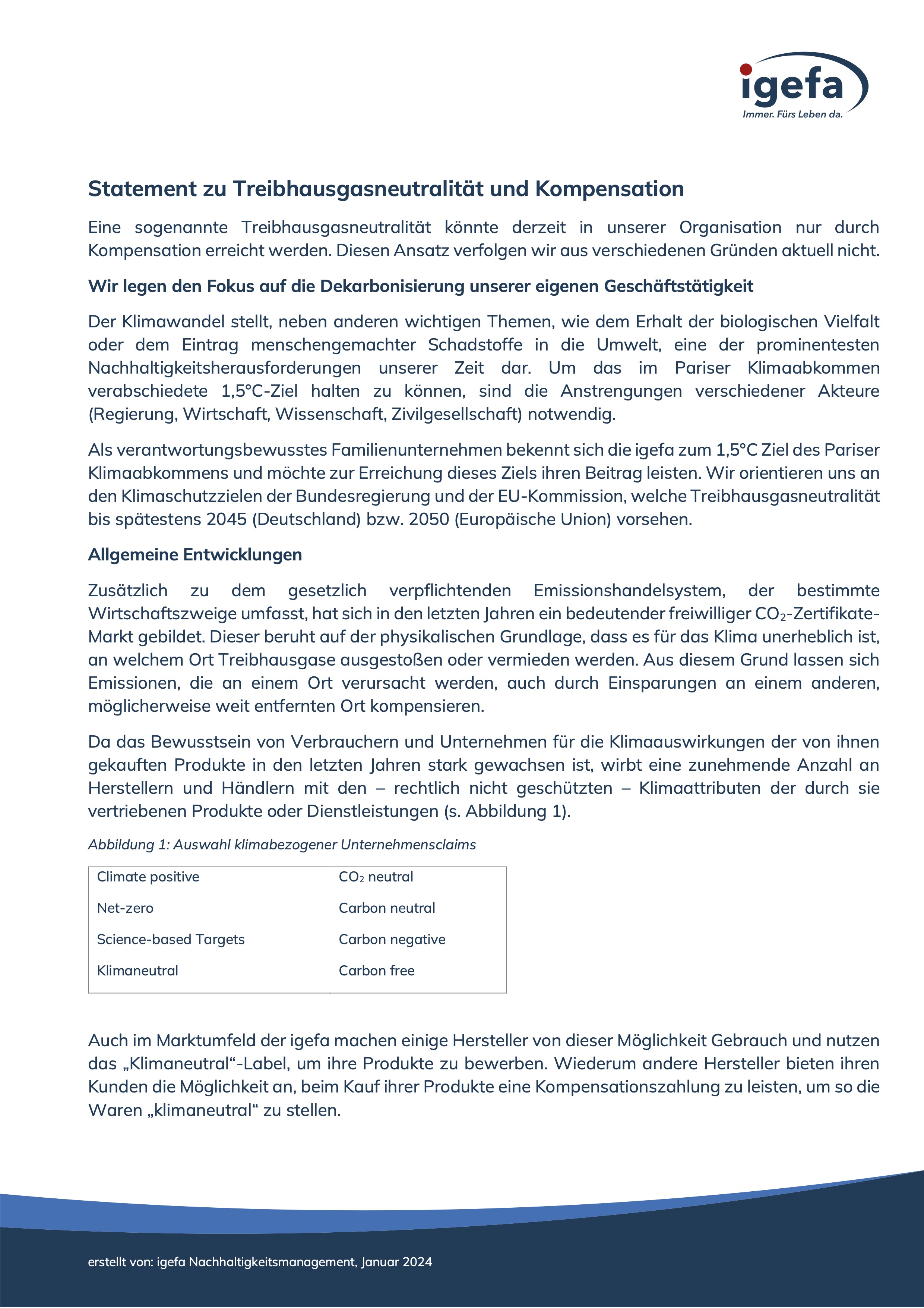 Titelseite igefa-Statement zu Treibhausgasneutralität und Kompensation