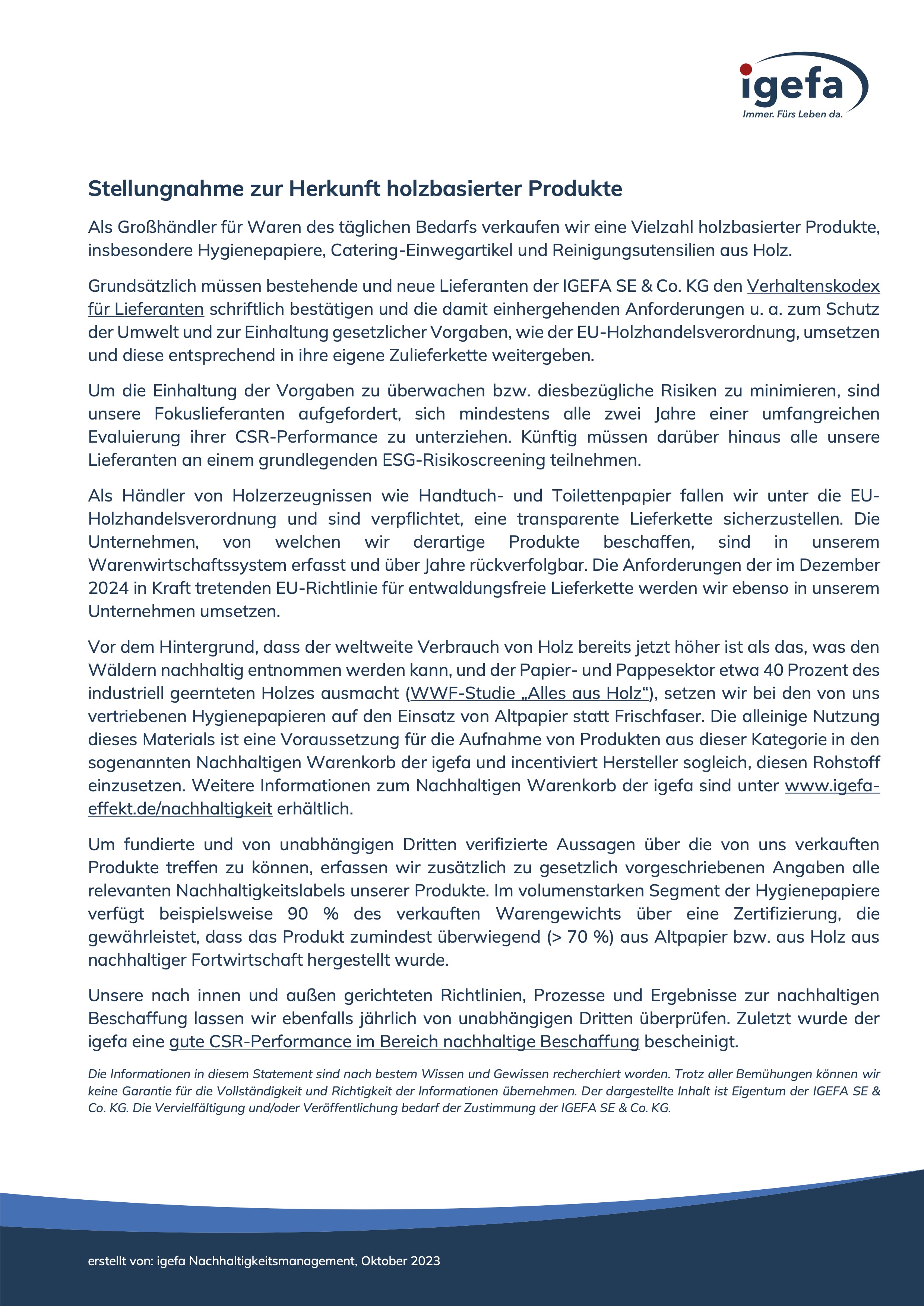 igefa Statement zur Herkunft holzbasierter Produkte