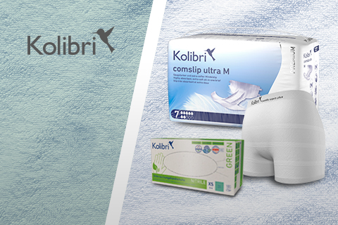 Logo Kolibri neben Inkontinenzslip-Verpackung und Vorlage
