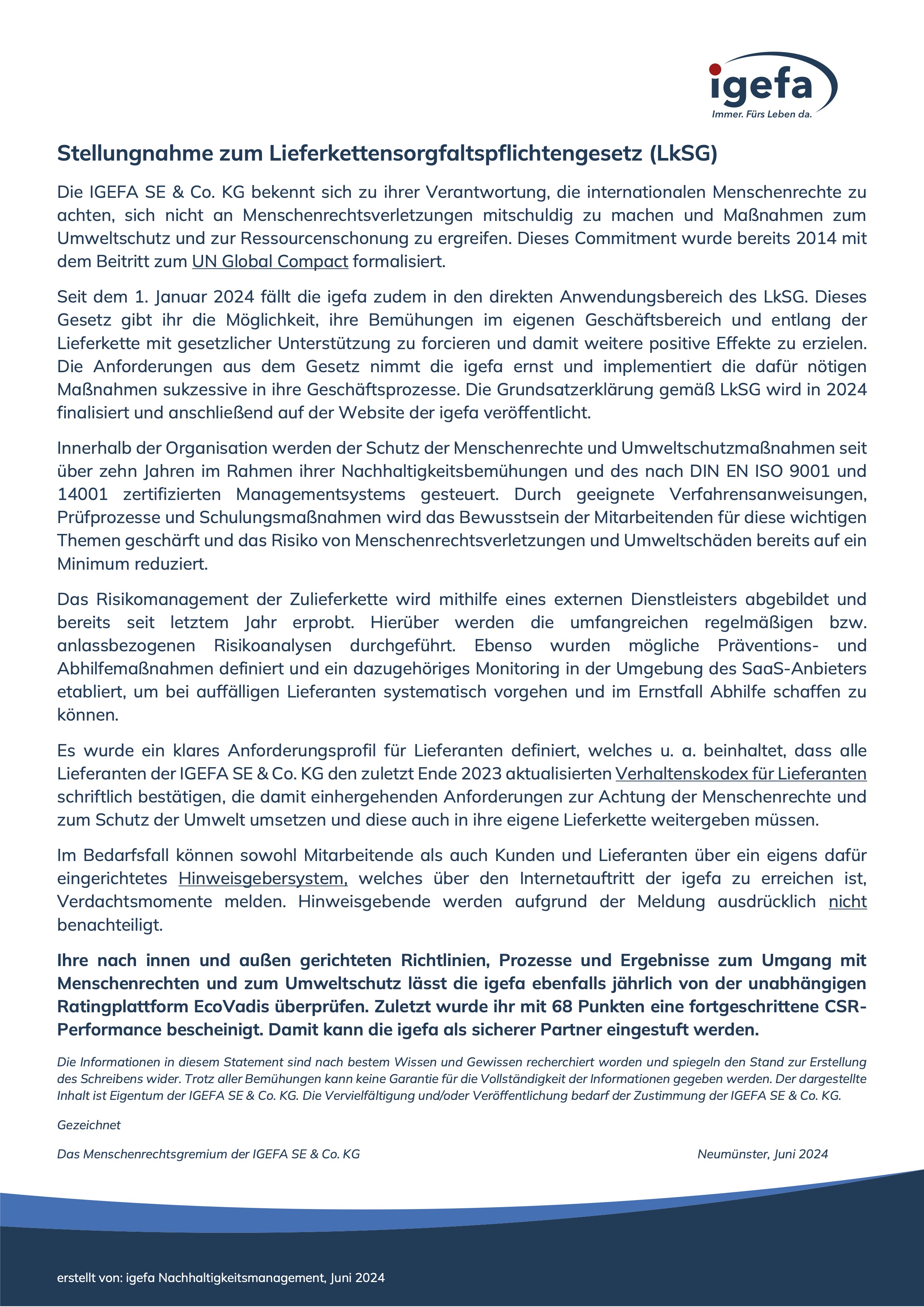 IGEFA-Statement zum Lieferkettensorgfaltspflichtengesetz (LkSG)