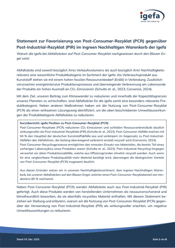 igefa Statement zur Favorisierung von Post-Consumer-Rezyklaten