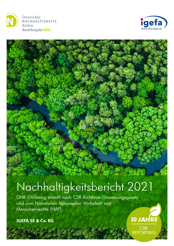 Titelseite Nachhaltigkeitsbericht 2021 mit Luftbild von Wald und Fluss