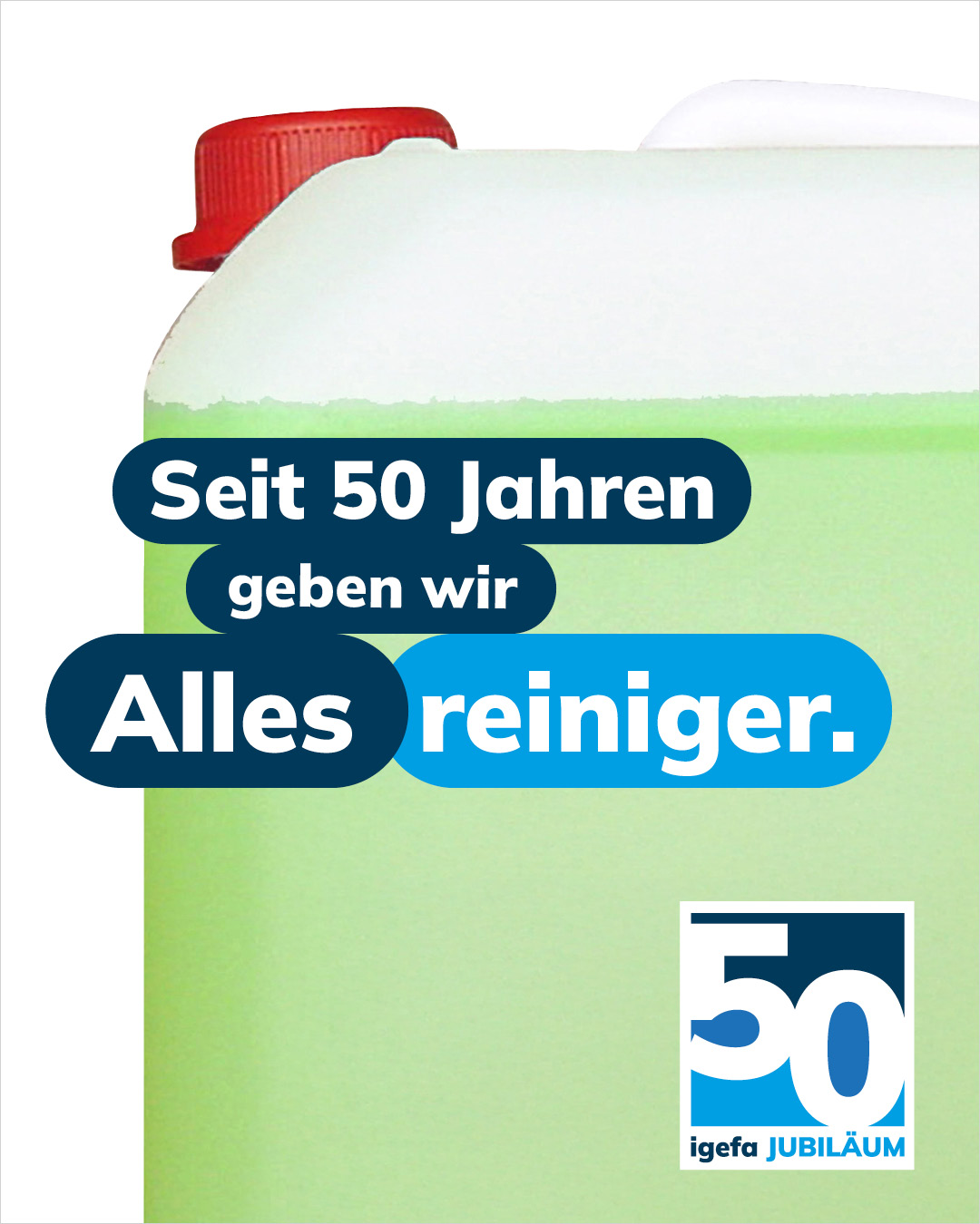 Grüner Kanister, Schriftzug Seit 50 Jahren geben wir Allesreiniger