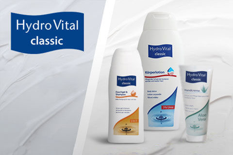 Logo Hydro Vital classic neben Duschgel, Körperlotion und Handcreme