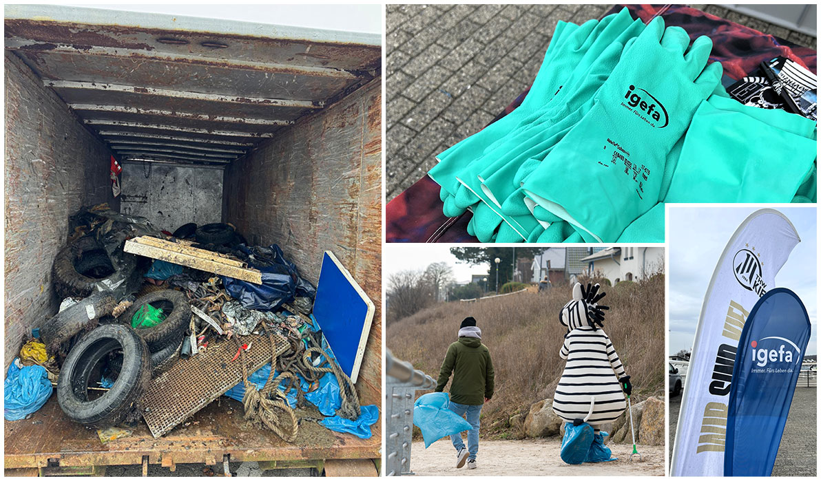 Collage: Müllsammlung am Strand, türkise Handschuhe, gefüllter Lkw