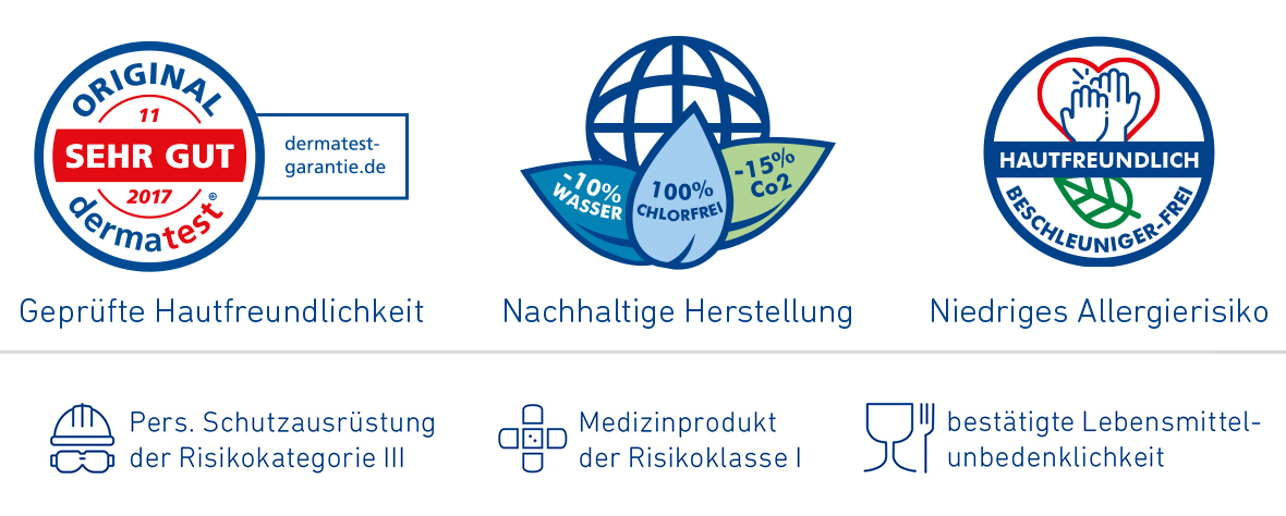 Prüfsiegel Dermatest sehr gut, nachhaltige Herstellung, hautfreundlich