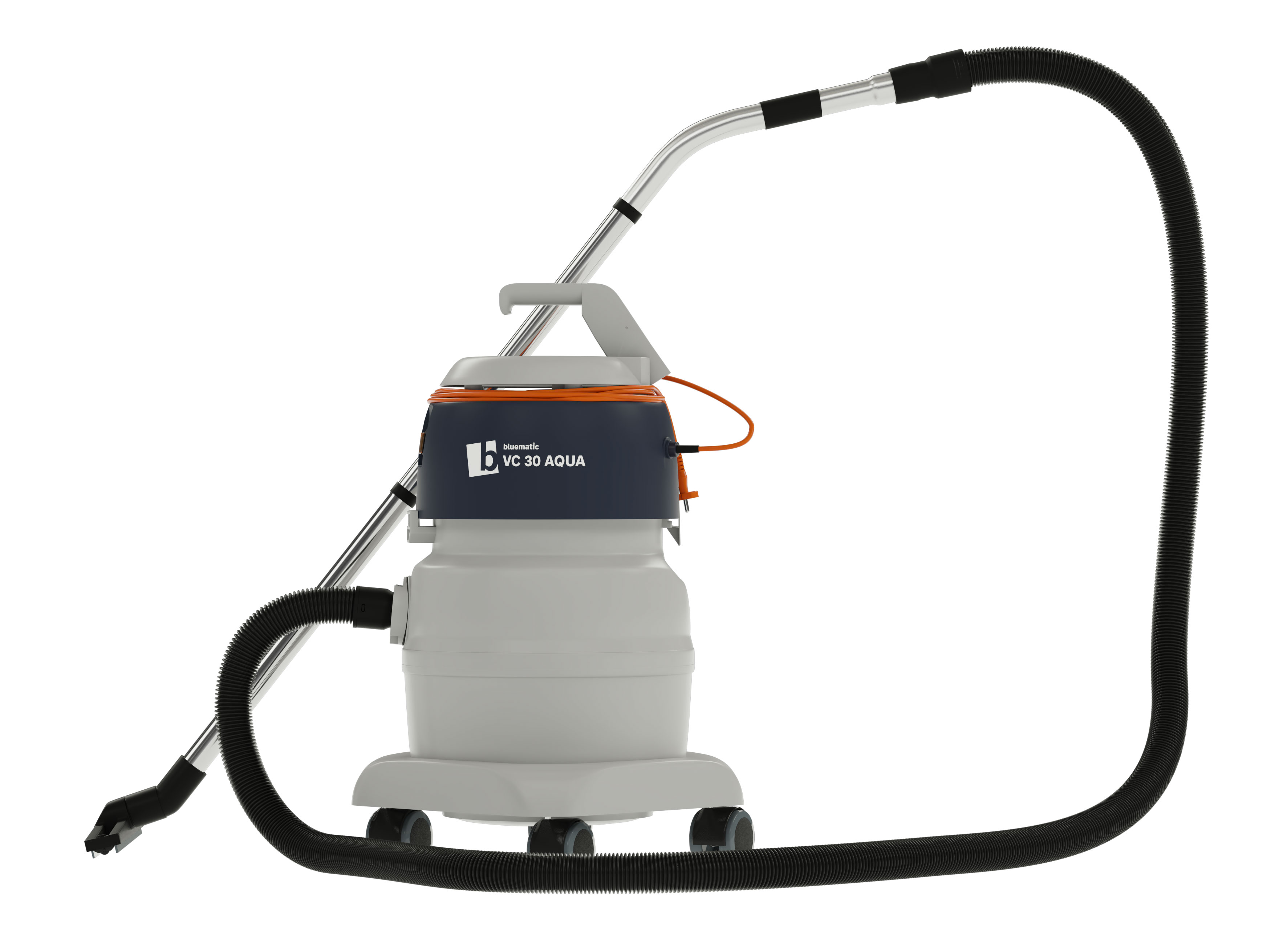 Nasssauger bluematic VC 30 AQUA von links mit aufgerolltem Saugschlauch